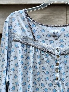 Aria Collection Blue Floral Long Sleeve Button Front Nightgown  Maxi Cotton!